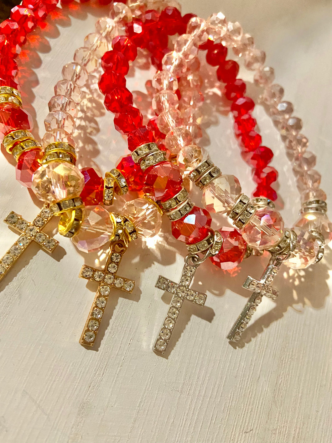 Red & pink Bling beaded cross bracelet